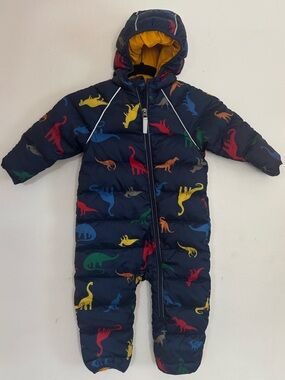 Hanna Andersson Down Navy Dino Print Hooded One-Piece Footie